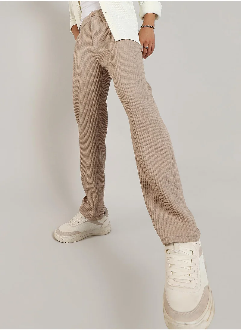 Campus Sutra Men's Beige Textured Graph Check Trousers