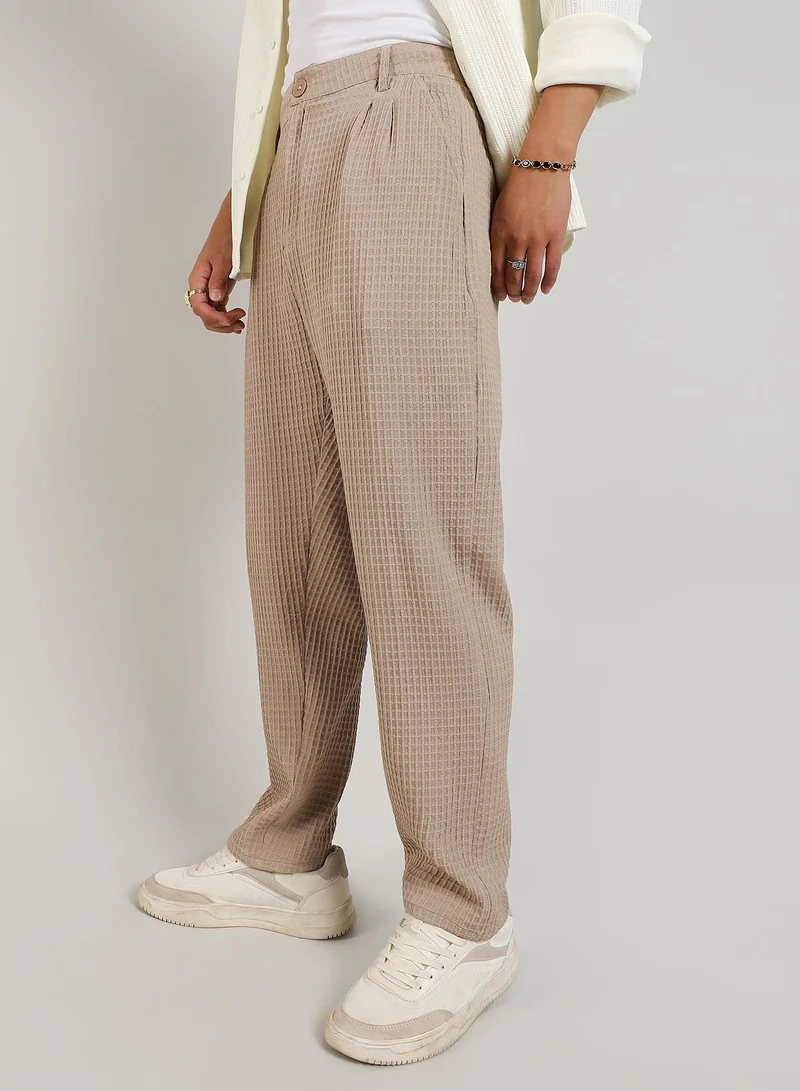 Campus Sutra Men's Beige Textured Graph Check Trousers
