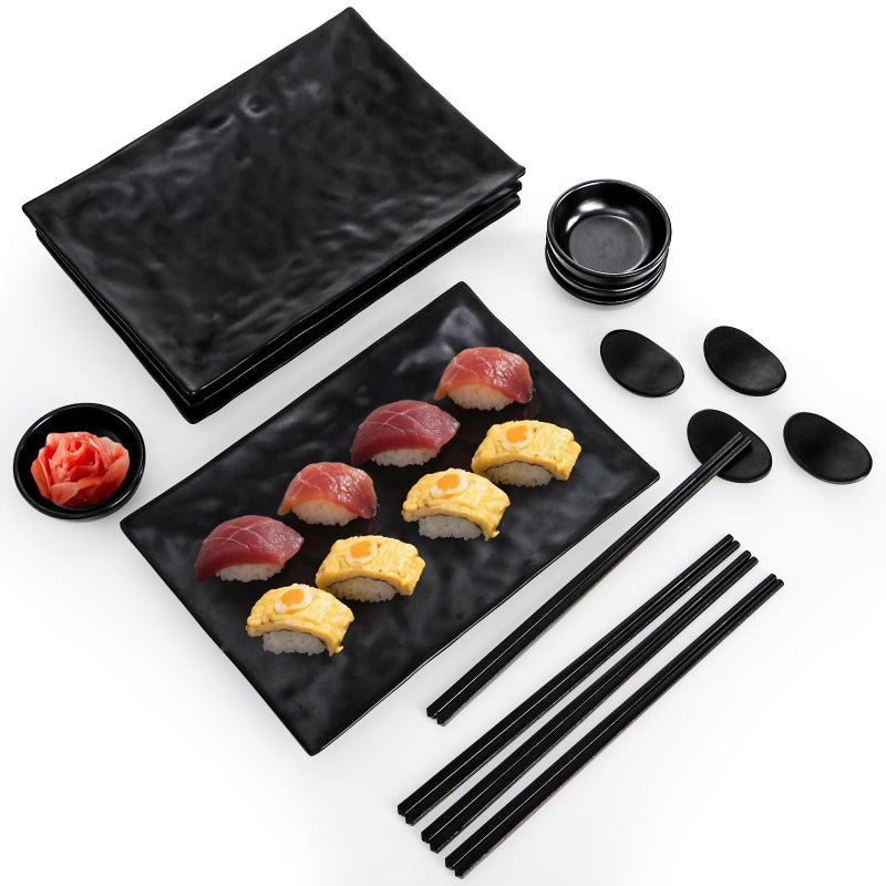 ELFULLY 16 Pcs Sushi Plate Set, Melamine Sushi Serving Dishes, Japanese Dinnerware Sets with 4 Sushi Trays, 4 Soy Sauce Bowls 4 Pairs of Chopsticks and Holders, Wedding Housewarming Gift, Black - Image 3