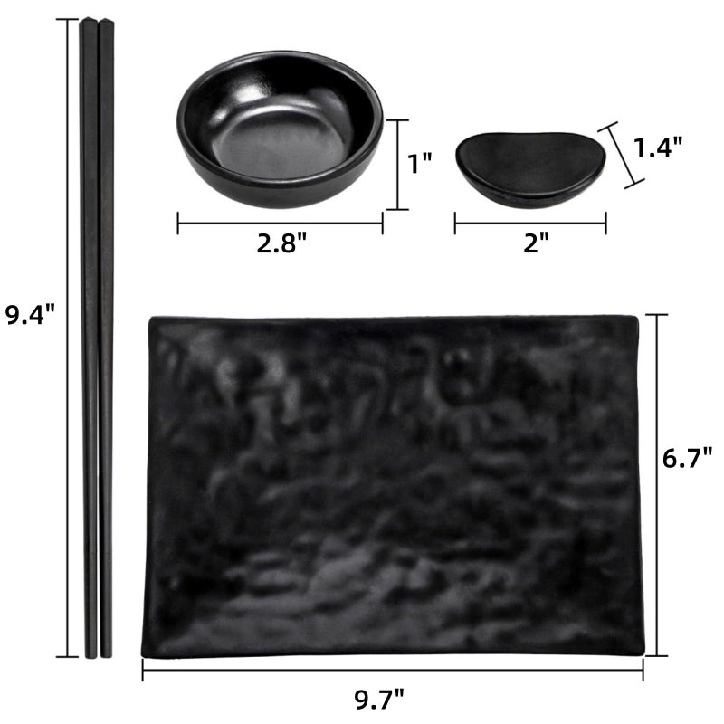 ELFULLY 16 Pcs Sushi Plate Set, Melamine Sushi Serving Dishes, Japanese Dinnerware Sets with 4 Sushi Trays, 4 Soy Sauce Bowls 4 Pairs of Chopsticks and Holders, Wedding Housewarming Gift, Black - Image 2