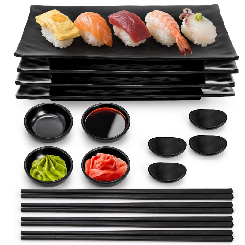 ELFULLY 16 Pcs Sushi Plate Set, Melamine Sushi Serving Dishes, Japanese Dinnerware Sets with 4 Sushi Trays, 4 Soy Sauce Bowls 4 Pairs of Chopsticks and Holders, Wedding Housewarming Gift, Black - Image 1
