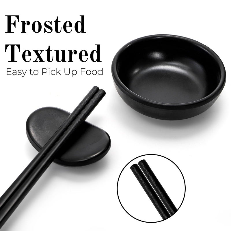 ELFULLY 16 Pcs Sushi Plate Set, Melamine Sushi Serving Dishes, Japanese Dinnerware Sets with 4 Sushi Trays, 4 Soy Sauce Bowls 4 Pairs of Chopsticks and Holders, Wedding Housewarming Gift, Black - Image 5