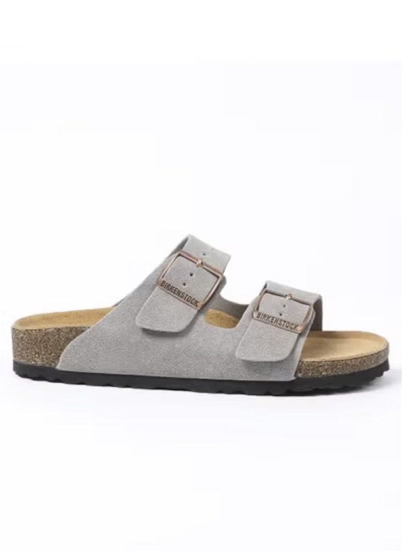 BIRKENSTOCK men's and women's cowhide suede soft-soled Arizona double-on slippers-Grey suede - Image 4