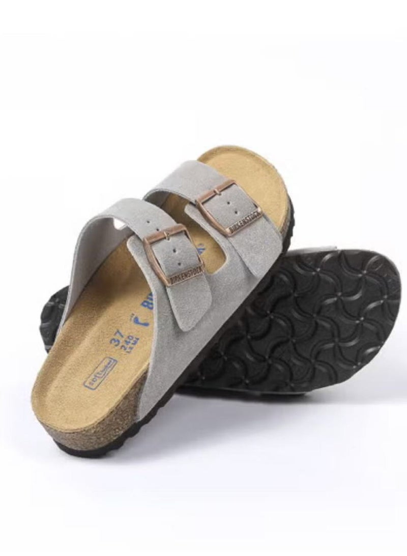 BIRKENSTOCK men's and women's cowhide suede soft-soled Arizona double-on slippers-Grey suede - Image 3