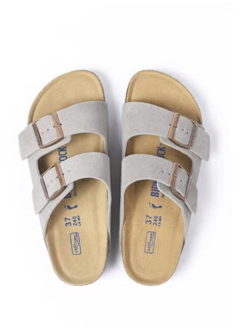 BIRKENSTOCK men's and women's cowhide suede soft-soled Arizona double-on slippers-Grey suede - Image 2