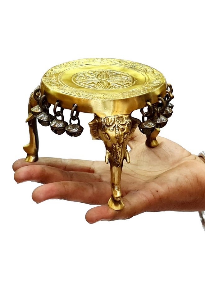 ESPLANADE eSplanade Brass Round Mandir Chowki Peetha Peeta | Elephant Pillars Pooja Stool with Ghungroo  - Image 5