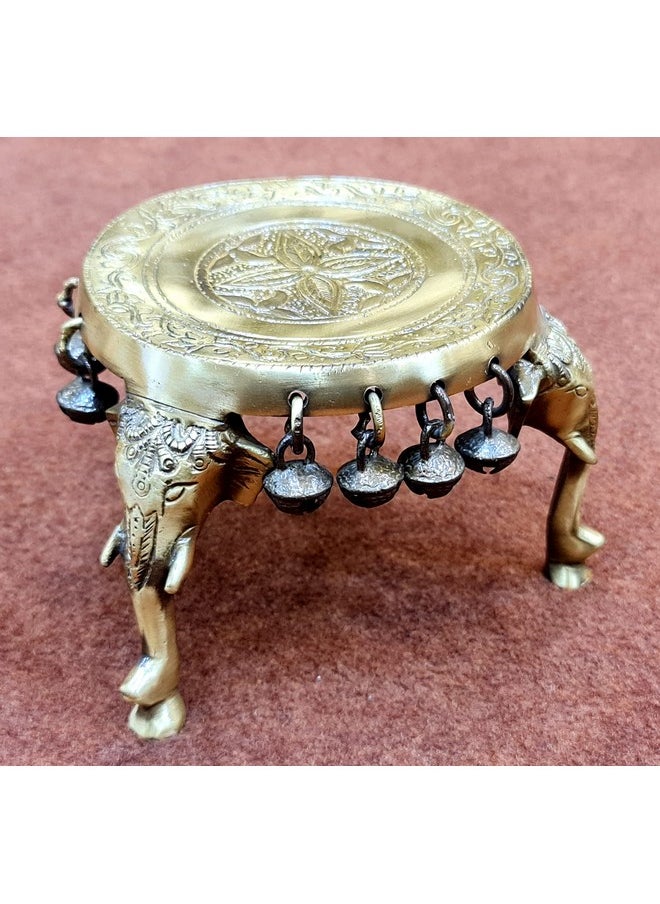 ESPLANADE eSplanade Brass Round Mandir Chowki Peetha Peeta | Elephant Pillars Pooja Stool with Ghungroo  - Image 4