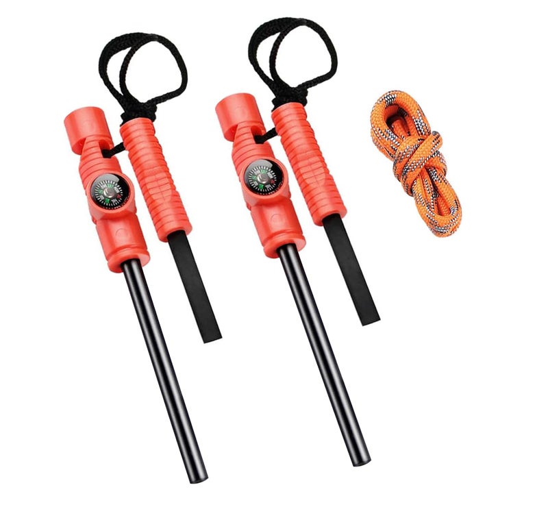 AOFAR Fire Starter AF-381 Plus Fire Steel 5-in-1 for Camping, Hiking, Hunting, Backpacking, Boating, Outdoor Magnesium Survival Rod with Fire Paracord, Compass and Whistle, Waterproof (2-Pack)… - Image 1