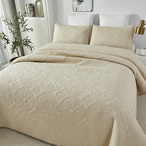 Brandream Brandream Luxury Quilt Bedding Set Queen Size Premium Cotton Beige 3 Piece Medallion Matelasse Coverlet Set Lightweight 