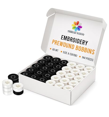 ThreadNanny 144 Black & White Pre-Wound Bobbins for Brother Embroidery Machines Compatible with PE-700, PE700II, PE-750D, PE-770, PE-780D, Innovis 1000, 1200, 1250D and New Babylock Ellure, Emore - Image 1