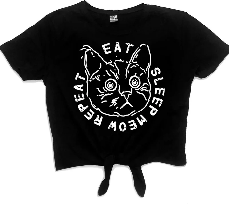 Rock&Roll Goofy Cat Black Short, Cut-Out Crop Top Women's T-Shirt
