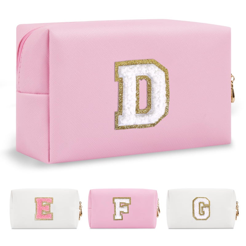 ChaoGreat حقيبة مكياج أولية مخصصة من A-Z Preppy Patch حقيبة مستحضرات تجميل صغيرة على شكل حرف Pu Chenille مع سحاب للفتيات المراهقات حقيبة منظم أدوات الزينة الوردية اللطيفة حقيبة مكياج هدية للنساء والفتيات حرف D - Image 1
