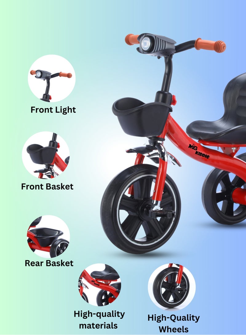 MG Baby Kids Tricycle 3-Wheels Bike for Kids 2-6 Years- with Front and Rear Basket, Ride On Toys, Front Light, Adjustable Seat, Non-Slip Tires - Suitable for Indoor & Outdoor Use for Children, Red - Image 2