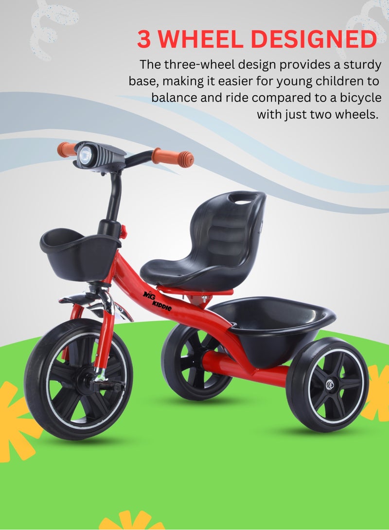 MG Baby Kids Tricycle 3-Wheels Bike for Kids 2-6 Years- with Front and Rear Basket, Ride On Toys, Front Light, Adjustable Seat, Non-Slip Tires - Suitable for Indoor & Outdoor Use for Children, Red - Image 5