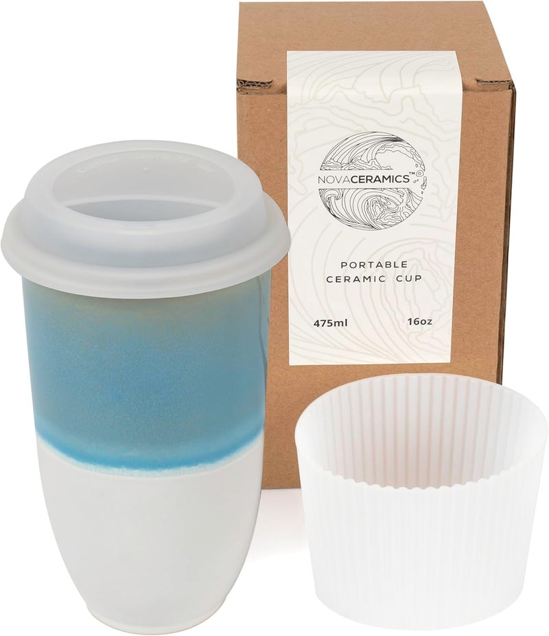 NOVA CERAMICS Travel Coffee Tumbler On the Go Mug Microwave  Dishwasher Safe Green 16oz Gifts For Women Men Lagoon - Image 1