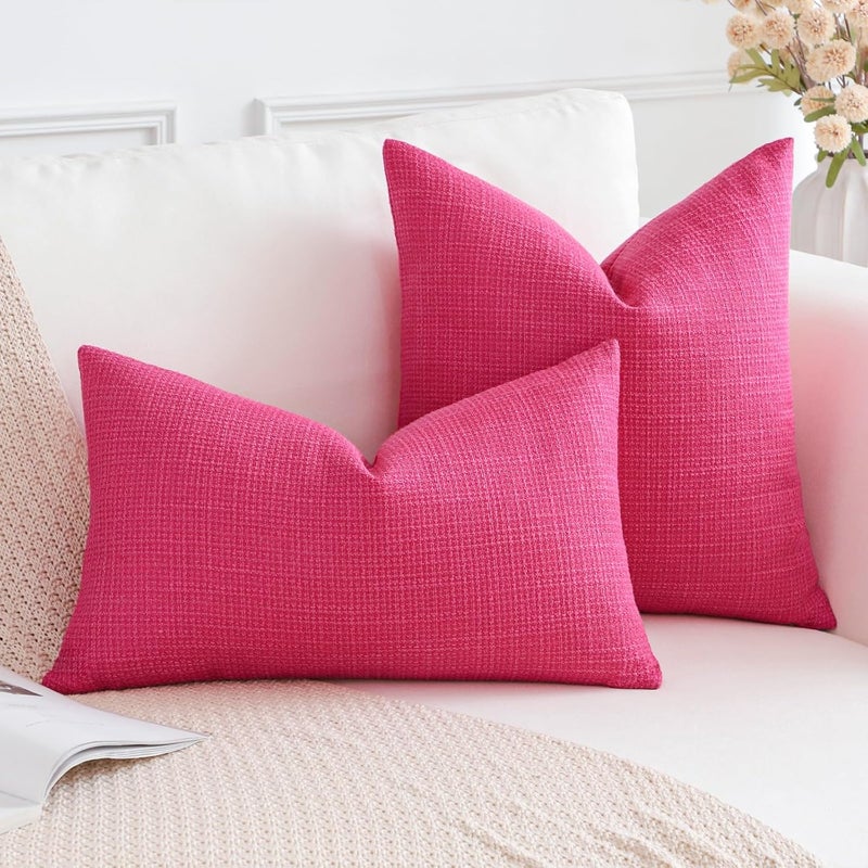 Otostar Pack of 2 Throw Pillow Covers 20x20 Inch Linen Hot Pink Pillowcases Farmhouse Decorative Solid Pillow Covers 50x50 cm Square Cushion Case for Home Decor Sofa Couch Bed (Deep Hot Pink) - Image 4
