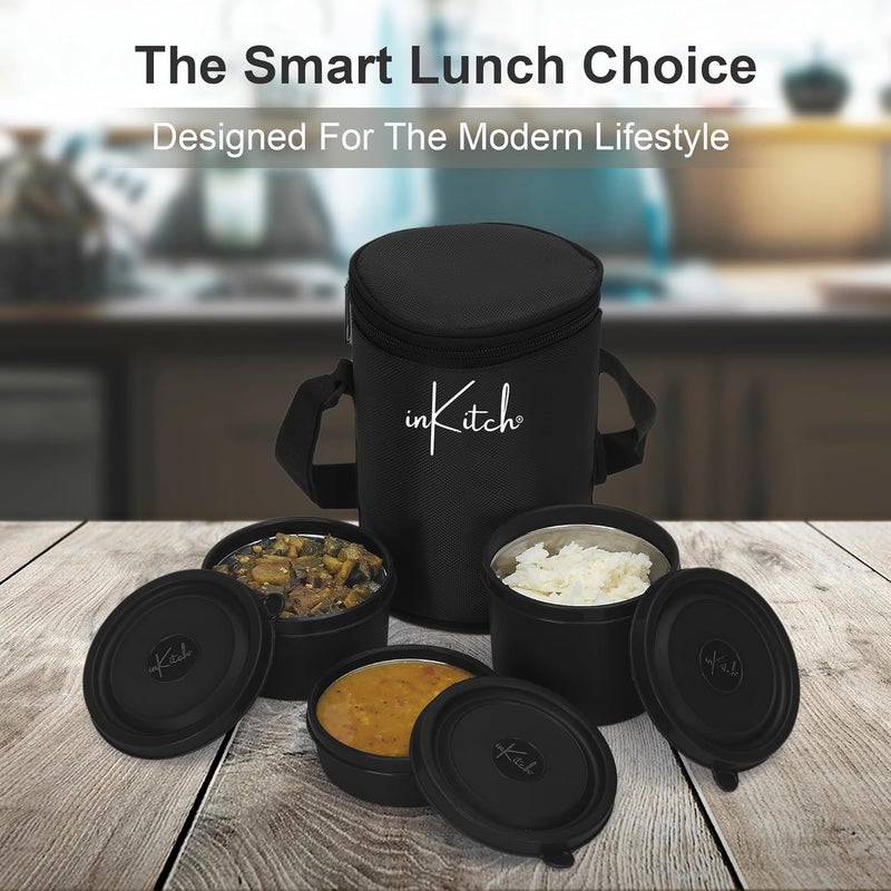 inKitch Microwave Safe Lunch Box Set with Bag 3 Containers 250400500 ml Black Outer Plastic Inner Stainless Steel Tiffin Box Leakproof Lunch Boxes - Image 3