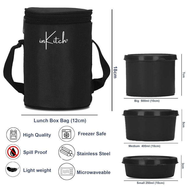 inKitch Microwave Safe Lunch Box Set with Bag 3 Containers 250400500 ml Black Outer Plastic Inner Stainless Steel Tiffin Box Leakproof Lunch Boxes - Image 4