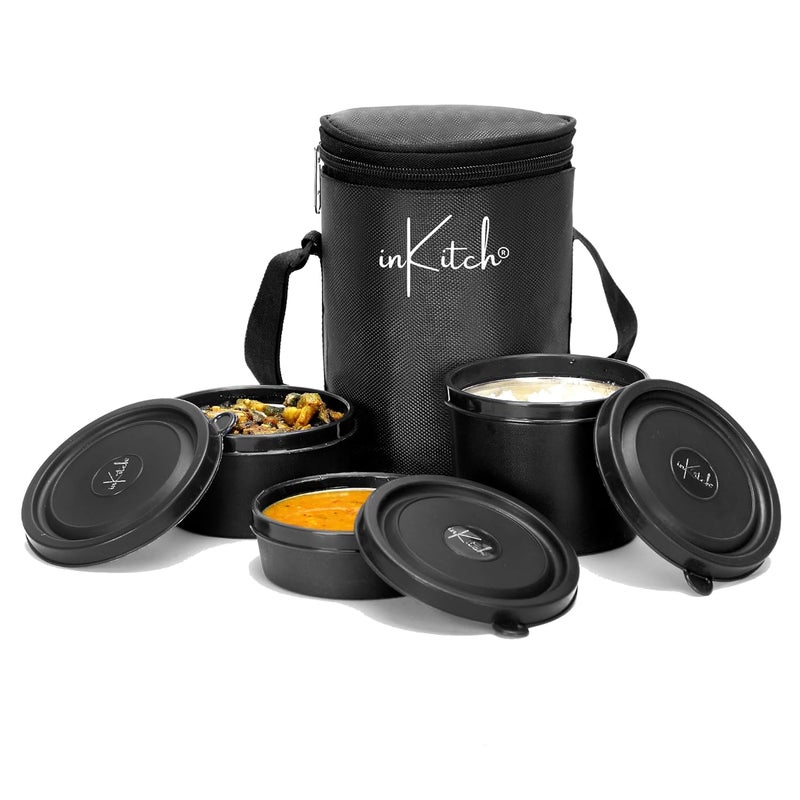 inKitch Microwave Safe Lunch Box Set with Bag 3 Containers 250400500 ml Black Outer Plastic Inner Stainless Steel Tiffin Box Leakproof Lunch Boxes - Image 1