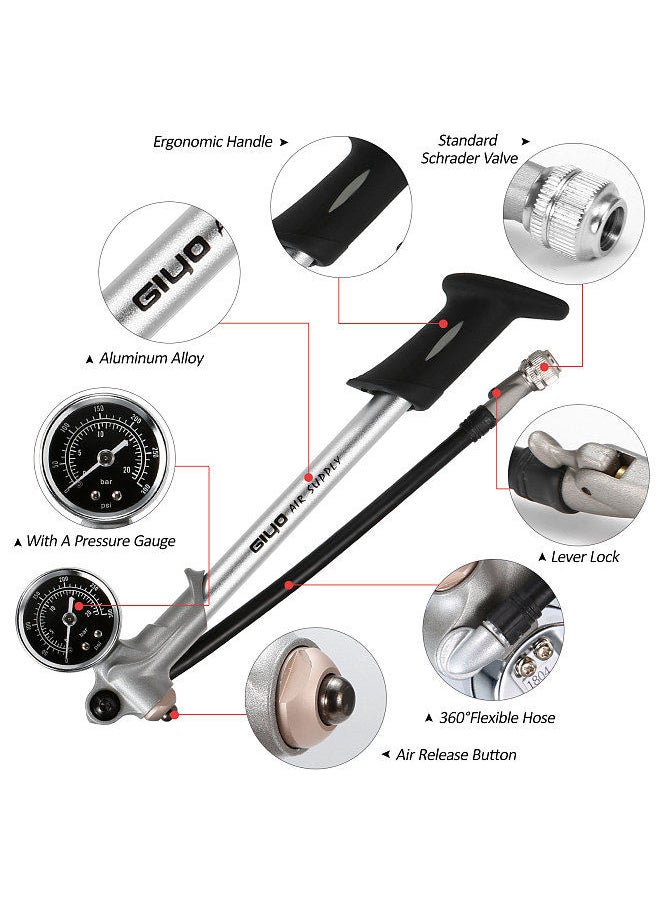 Giyo - 300PSI Front Fork and Front Suspension Pump With Gauge High Pressure Shock Pump with Lever Lock Schrader Valve Bicycle Air Shock Pump for MTB Mountain Bike - Image 1