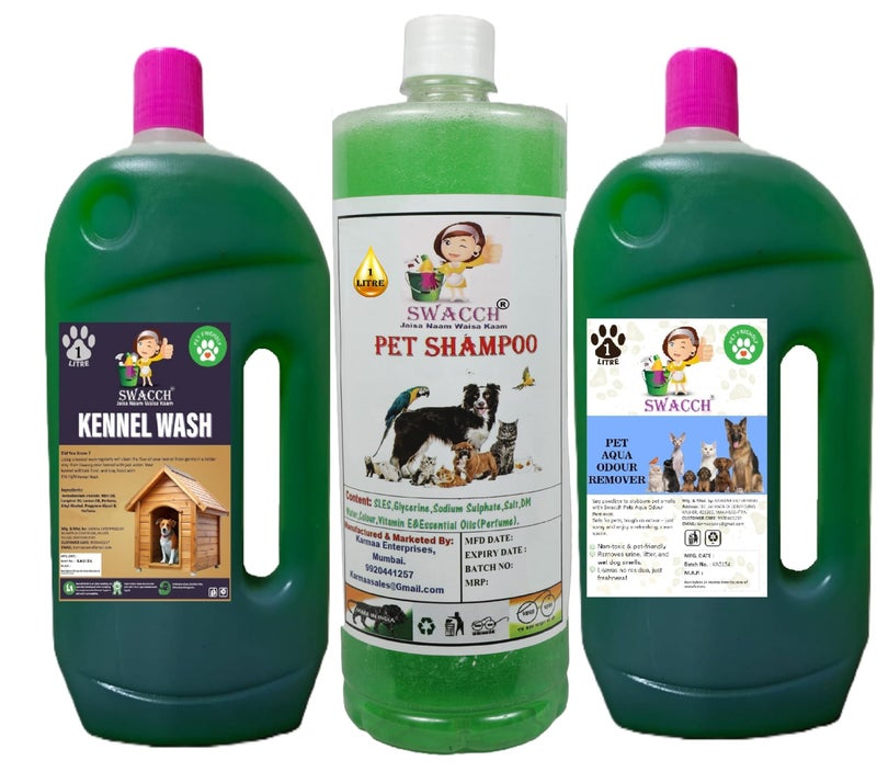 swacch Kennel Wash (Mogra) + Pet Shampoo (Neem Alovera) I Pet Aqua Odour Remover (Jasmine) 1 Litre Combo Pack of 3 Economical Pack I Dog and Cat Friendly - Image 1