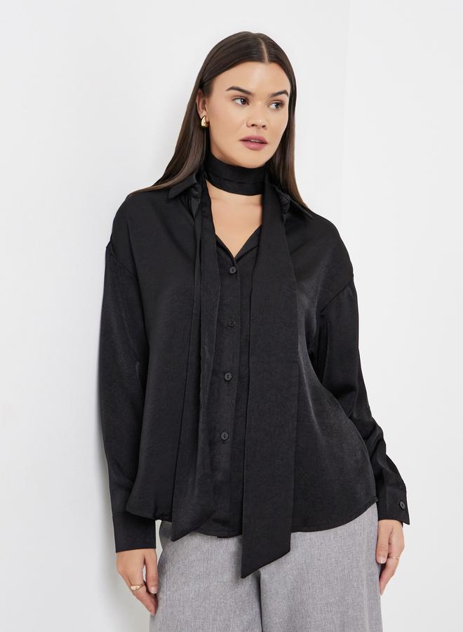 ستايلي قميص ساتان أسود مع وشاح للرقبة - Image 1