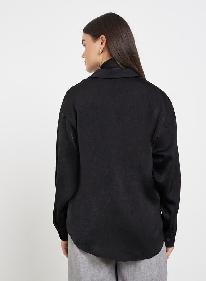 ستايلي قميص ساتان أسود مع وشاح للرقبة - Image 4