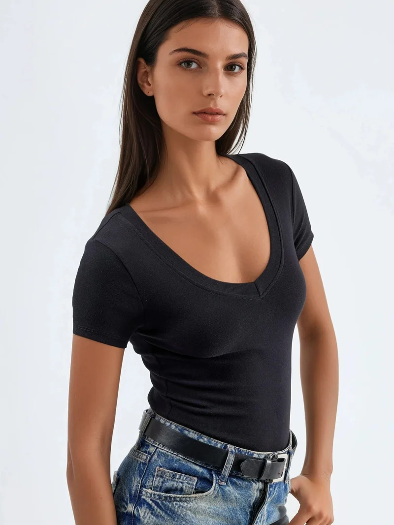 بوسيم BUSEM Elastic V-Neck Short Sleeve T-Shirt