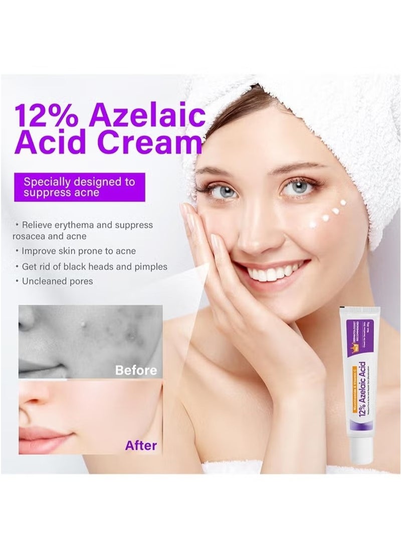 SKIN Azelaic Acid Serum, Azelaic Acid 12% Cream，Hyaluronic Acid and Niacinamide, Relieves Redness, Dark Spots, Rosacea, Balances Excess Sebum, Brightening Face Skin Care Treatment for All Skin Types 20g - Image 4