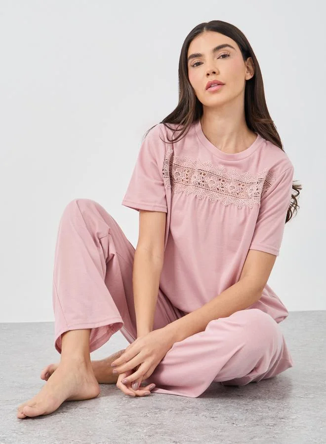 ستايلي Styli Lace Insert Round Neck T-Shirt and Pyjama Set