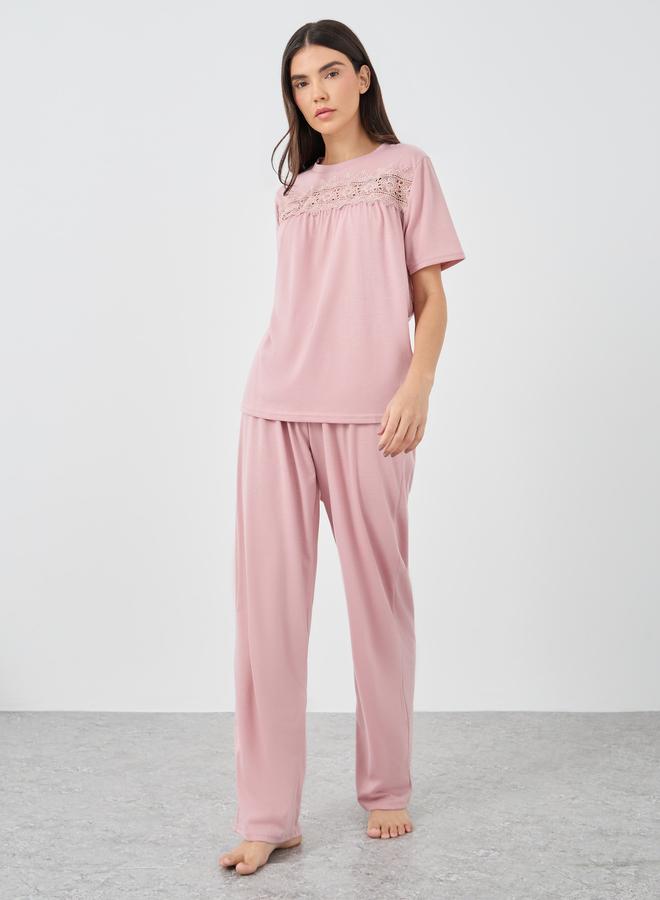 Styli Lace Insert Round Neck T-Shirt and Pyjama Set - Image 2
