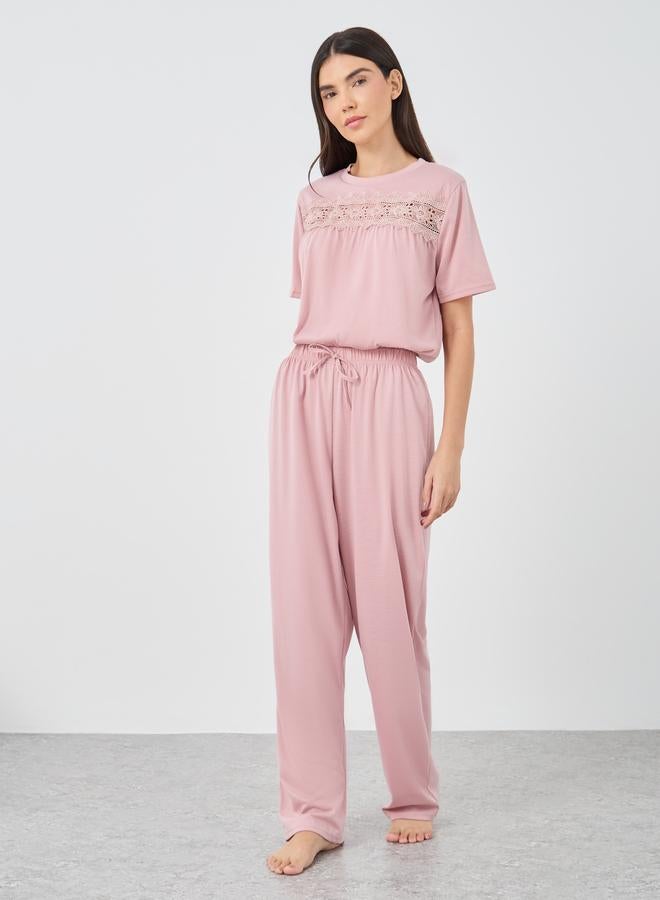 Styli Lace Insert Round Neck T-Shirt and Pyjama Set - Image 5