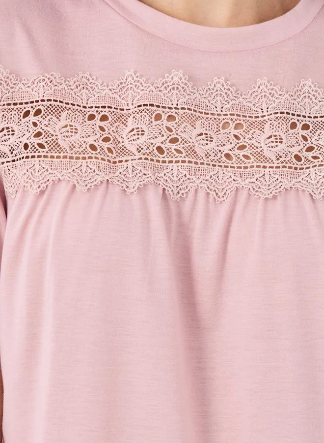 ستايلي Styli Lace Insert Round Neck T-Shirt and Pyjama Set