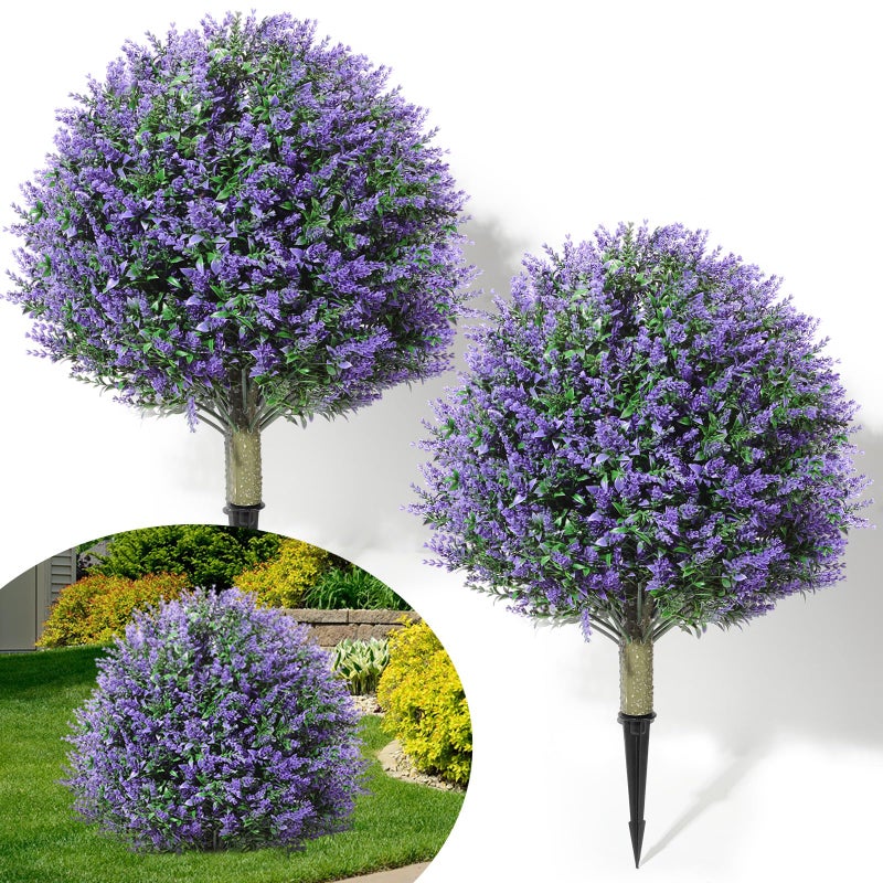 Lunmon 2 Pack 24" Artificial Topiary Ball Plants Trees with Flowers, Outdoor Fake Topiary Plants with Ground Spike, UV Resistant Faux Bushes for Indoor Outdoor Front Door Decor(Purple,Rose) - Image 1