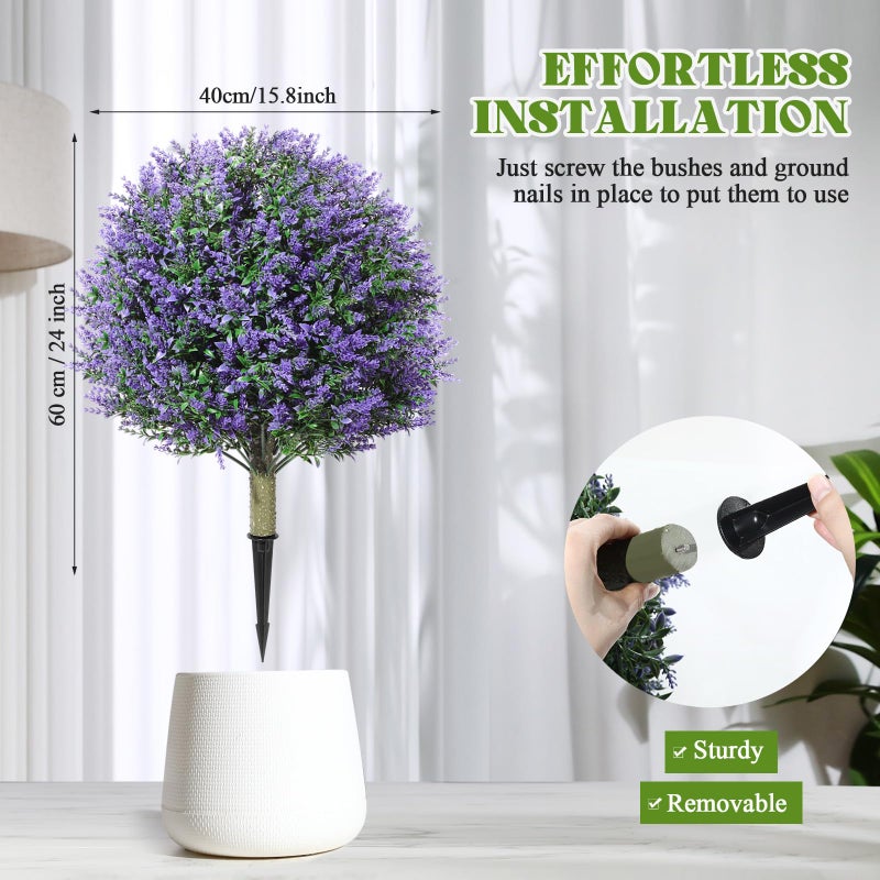 Lunmon 2 Pack 24" Artificial Topiary Ball Plants Trees with Flowers, Outdoor Fake Topiary Plants with Ground Spike, UV Resistant Faux Bushes for Indoor Outdoor Front Door Decor(Purple,Rose) - Image 2