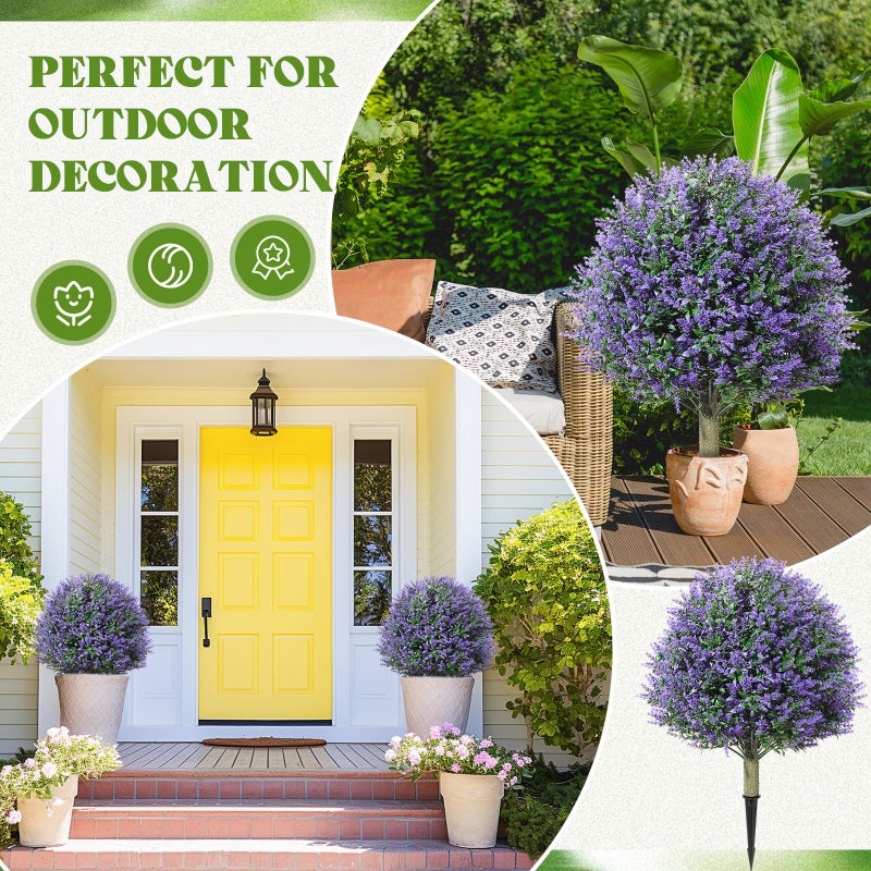 Lunmon 2 Pack 24" Artificial Topiary Ball Plants Trees with Flowers, Outdoor Fake Topiary Plants with Ground Spike, UV Resistant Faux Bushes for Indoor Outdoor Front Door Decor(Purple,Rose) - Image 3