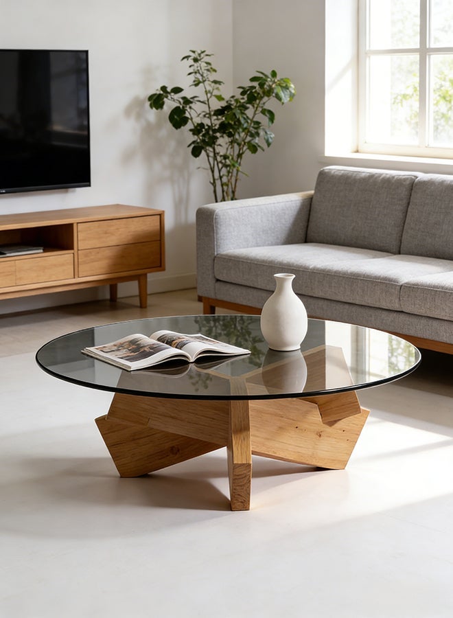 Migue home طاولة قهوة دائرية لغرفة المعيشة، تجميع سهل، سطح زجاجي، 40 سم ارتفاع × 60 سم عرض، لون خشب فاتح - Image 1