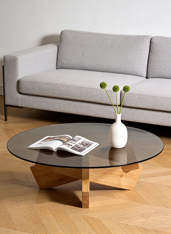 Migue home طاولة قهوة دائرية لغرفة المعيشة، تجميع سهل، سطح زجاجي، 40 سم ارتفاع × 60 سم عرض، لون خشب فاتح - Image 2