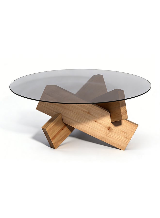 Migue home طاولة قهوة دائرية لغرفة المعيشة، تجميع سهل، سطح زجاجي، 40 سم ارتفاع × 60 سم عرض، لون خشب فاتح - Image 3