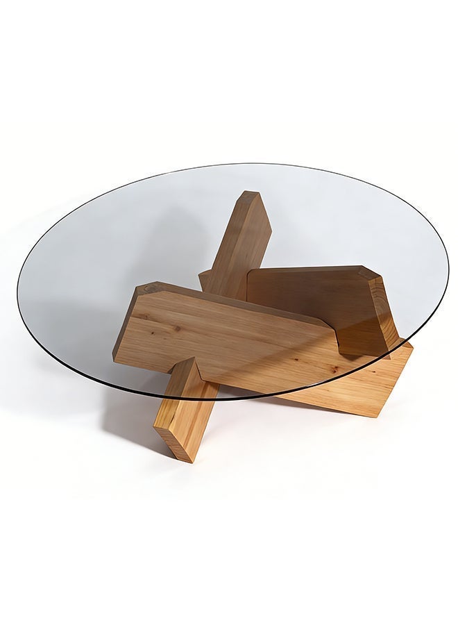 Migue home طاولة قهوة دائرية لغرفة المعيشة، تجميع سهل، سطح زجاجي، 40 سم ارتفاع × 60 سم عرض، لون خشب فاتح - Image 5