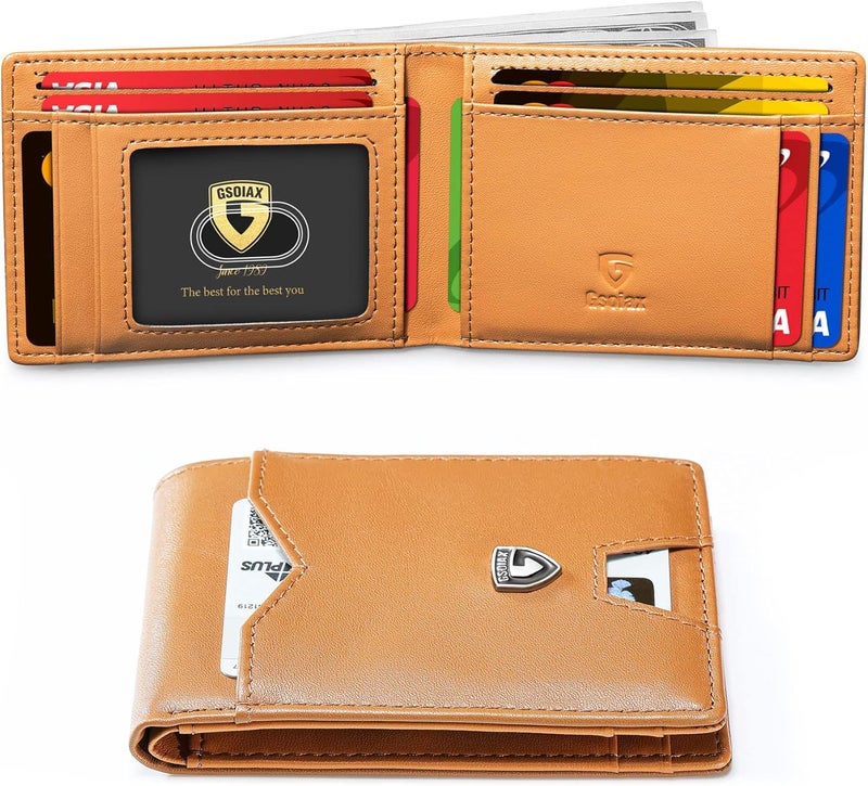 GSOIAX Mens Slim Wallet for Men Minimalist Genuine Leather Carbon Fiber RFID Blocking Cowhide Bifold Credit Card Holder with Gift Box, Brown, Slim - Image 1