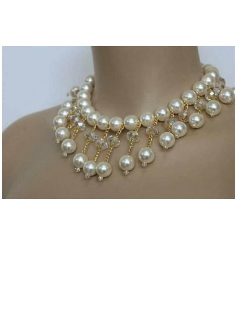 RA accessories Women Elegant Necklace Of Off White Pearls With Golden Chains & Crystal  - Image 1