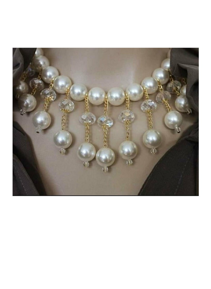 RA accessories Women Elegant Necklace Of Off White Pearls With Golden Chains & Crystal  - Image 2