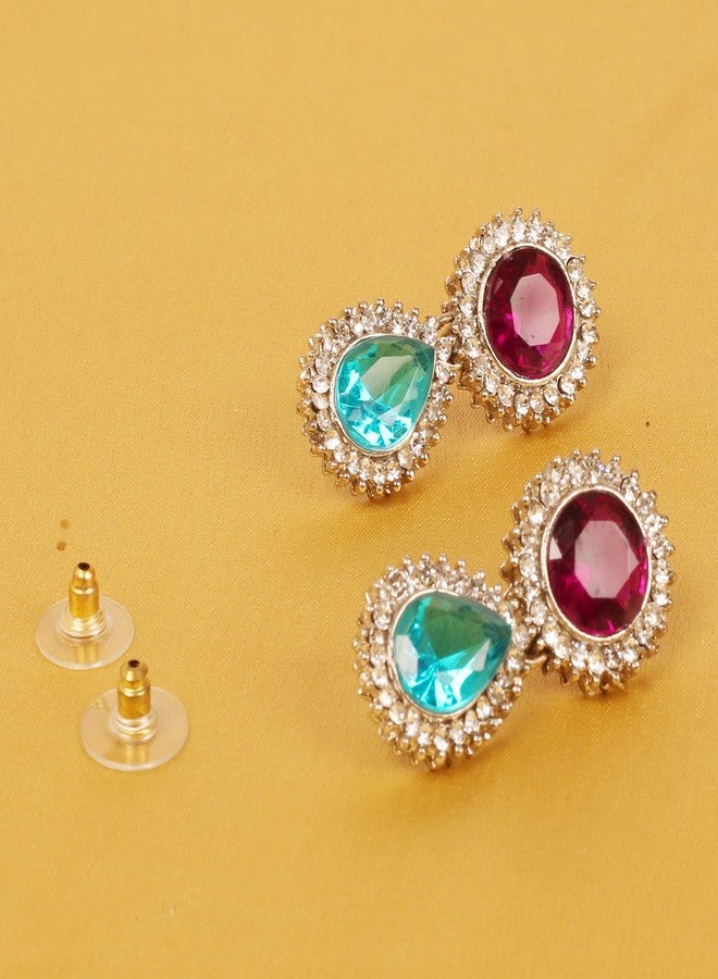 تتش ستون أقراط متدلية طويلة بتصميم مستوحى من الطراز الهندي البوليوودي، مصنوعة يدوياً بلمسة غربية منعشة، مرصعة بأحجار الراين اللامعة والأحجار الكريمة الصناعية باللون الأزرق المائي، على شكل دائري وكمثري، باللون الأبيض، للنساء. - Image 4