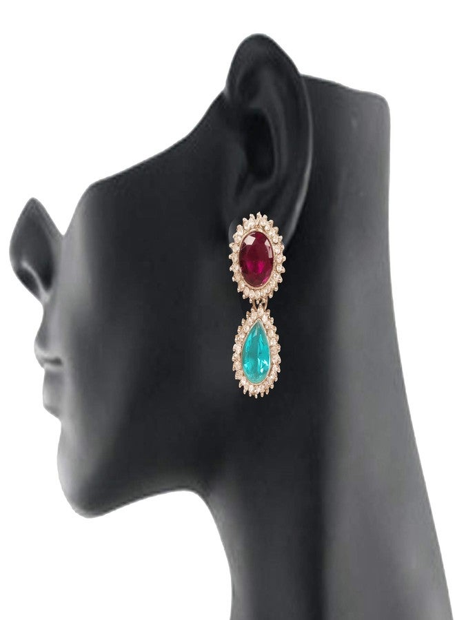 تتش ستون أقراط متدلية طويلة بتصميم مستوحى من الطراز الهندي البوليوودي، مصنوعة يدوياً بلمسة غربية منعشة، مرصعة بأحجار الراين اللامعة والأحجار الكريمة الصناعية باللون الأزرق المائي، على شكل دائري وكمثري، باللون الأبيض، للنساء. - Image 5