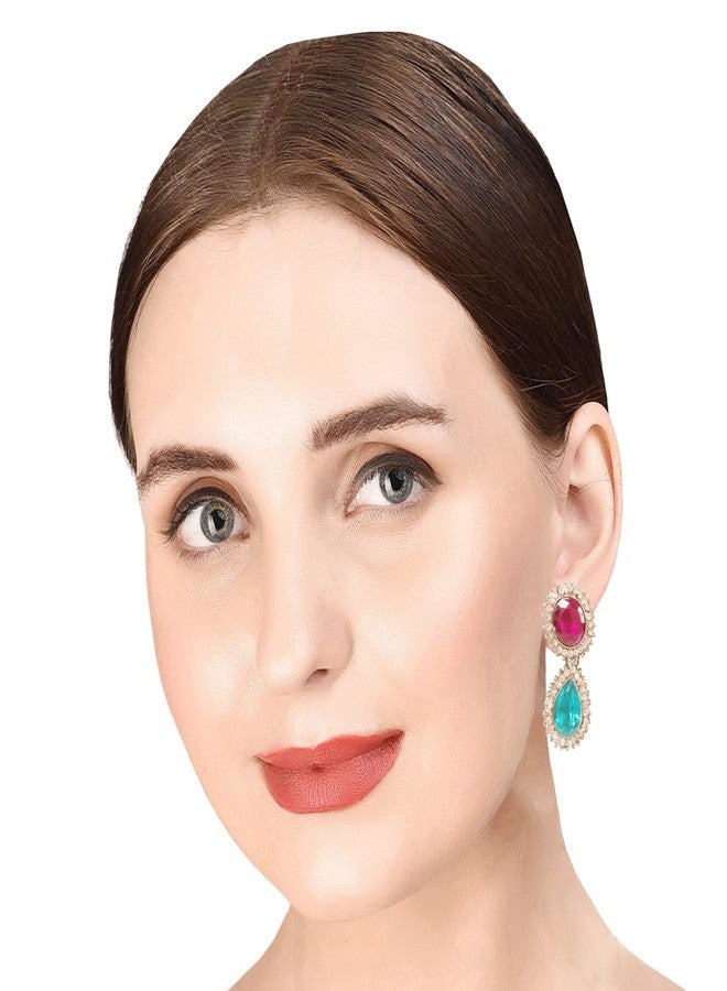 تتش ستون أقراط متدلية طويلة بتصميم مستوحى من الطراز الهندي البوليوودي، مصنوعة يدوياً بلمسة غربية منعشة، مرصعة بأحجار الراين اللامعة والأحجار الكريمة الصناعية باللون الأزرق المائي، على شكل دائري وكمثري، باللون الأبيض، للنساء. - Image 2