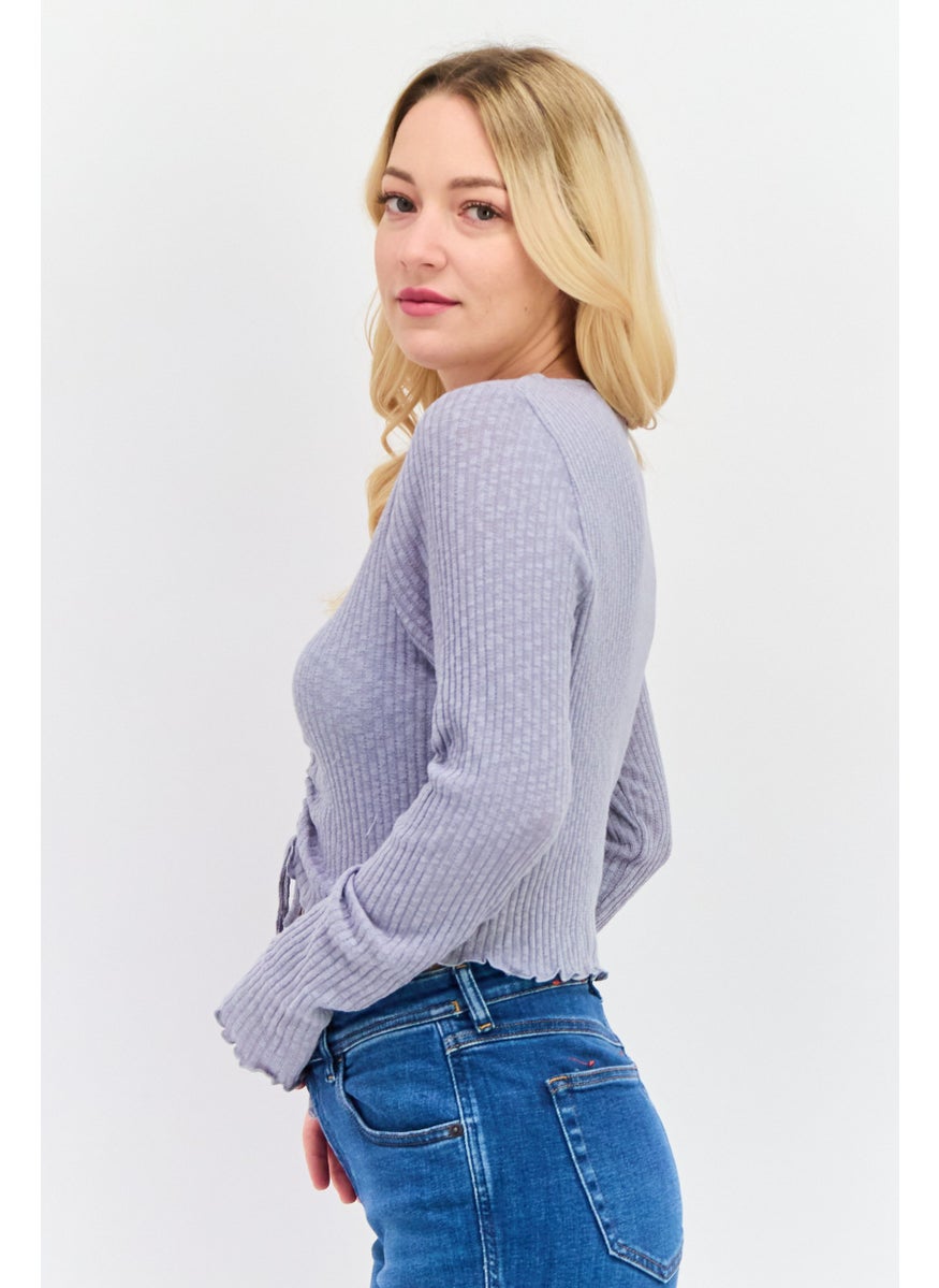 Cotton On Women V-Neck Long Sleeves Ribbed Top, Grey  - Image 2
