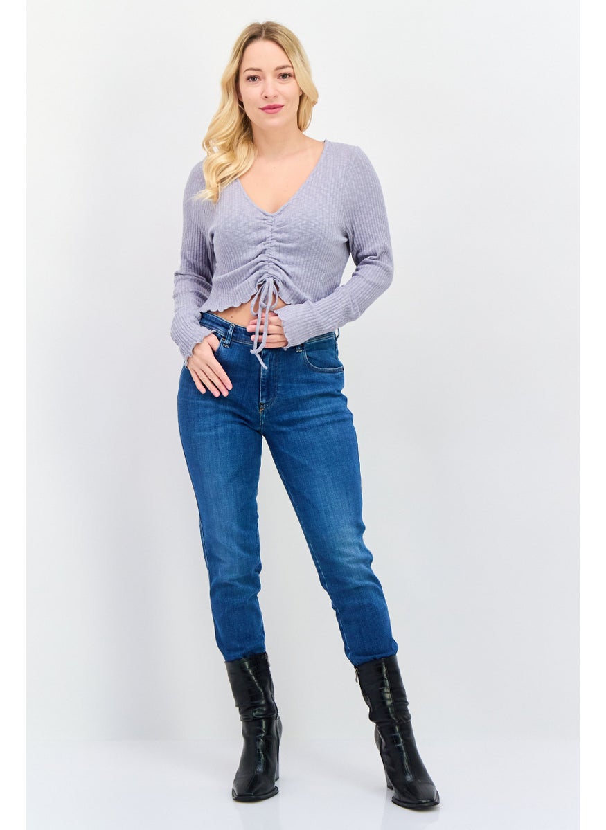 Cotton On Women V-Neck Long Sleeves Ribbed Top, Grey  - Image 4