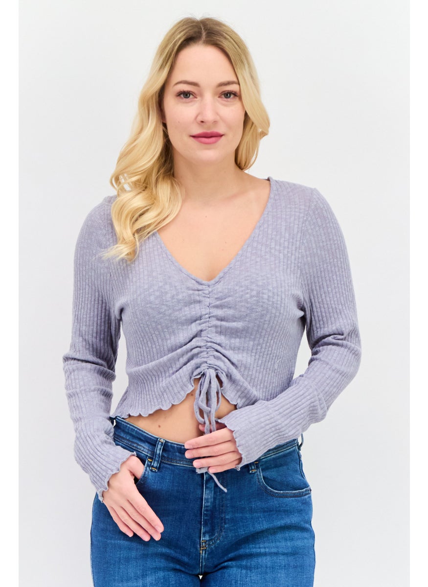 Cotton On Women V-Neck Long Sleeves Ribbed Top, Grey  - Image 1