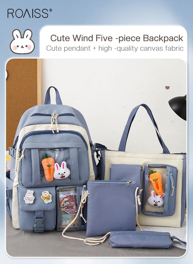 roaiss 4-Piece Set of Cute Backpack, Girl's Schoolbag for Elementary School Students, Large Capacity Children's School Bag for Teens, Lightweight Waterproof Casual Backpack Suit Blue - Image 2